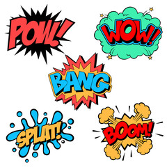 comic book explosion Vector set comic speech bubbles, book sound effects. Pop art messages different shapes, emotions. Comics font label tag expression, fun book balloon. 