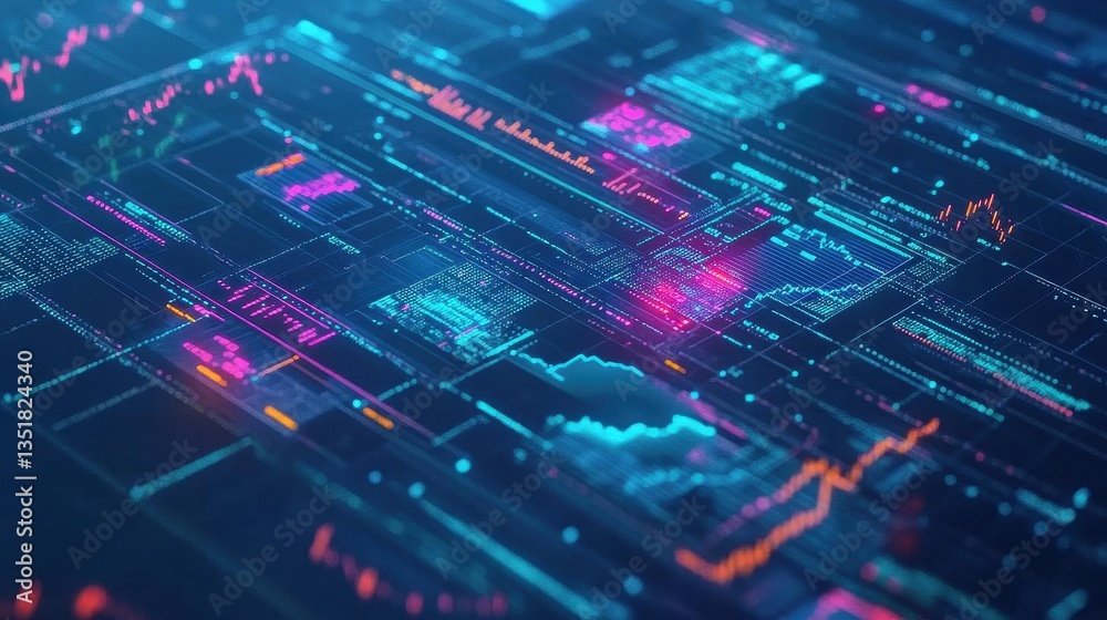 Poster Computer circuit board design set against a blue and pink background representing modern financial data visualization