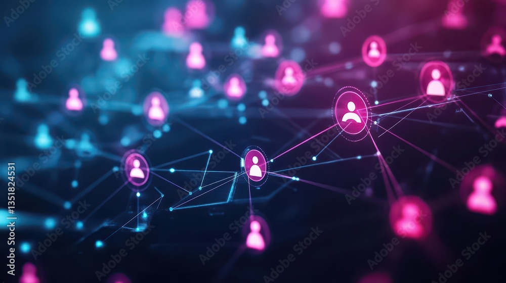 Poster Stunning animation of a network composed of pink and blue spheres representing digital interconnectivity and data exchange