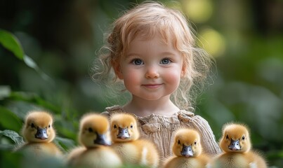Toddler girl smiles, surrounded by fluffy ducklings in a lush green setting