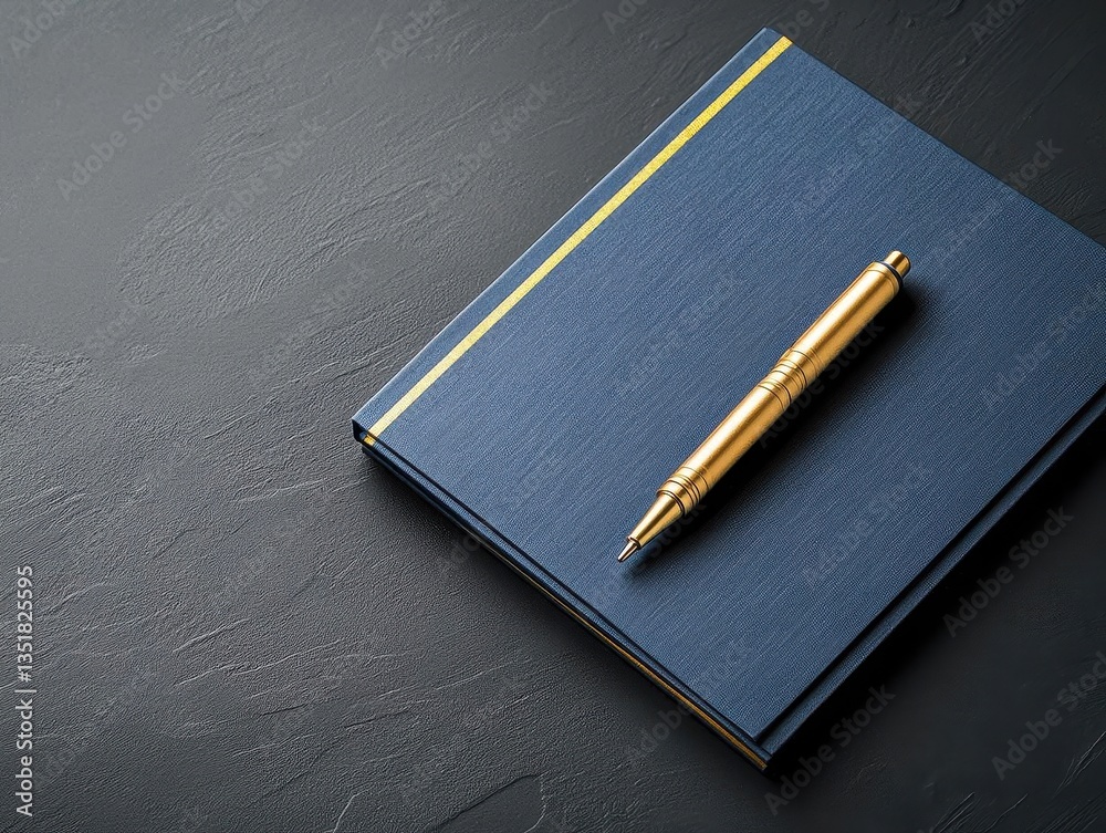 Poster A notebook with a pen resting on top of it, ideal for note-taking and creative writing in a professional setting