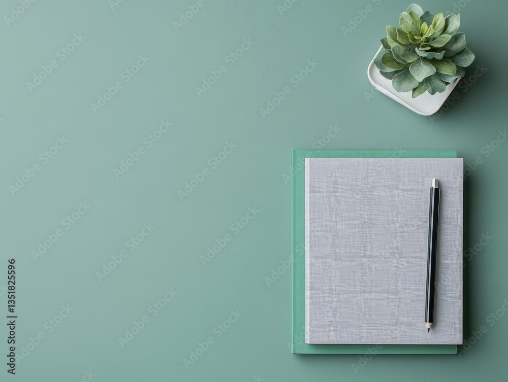 Poster a green background with a notebook and pen highlighting the essential tools for writing and creative