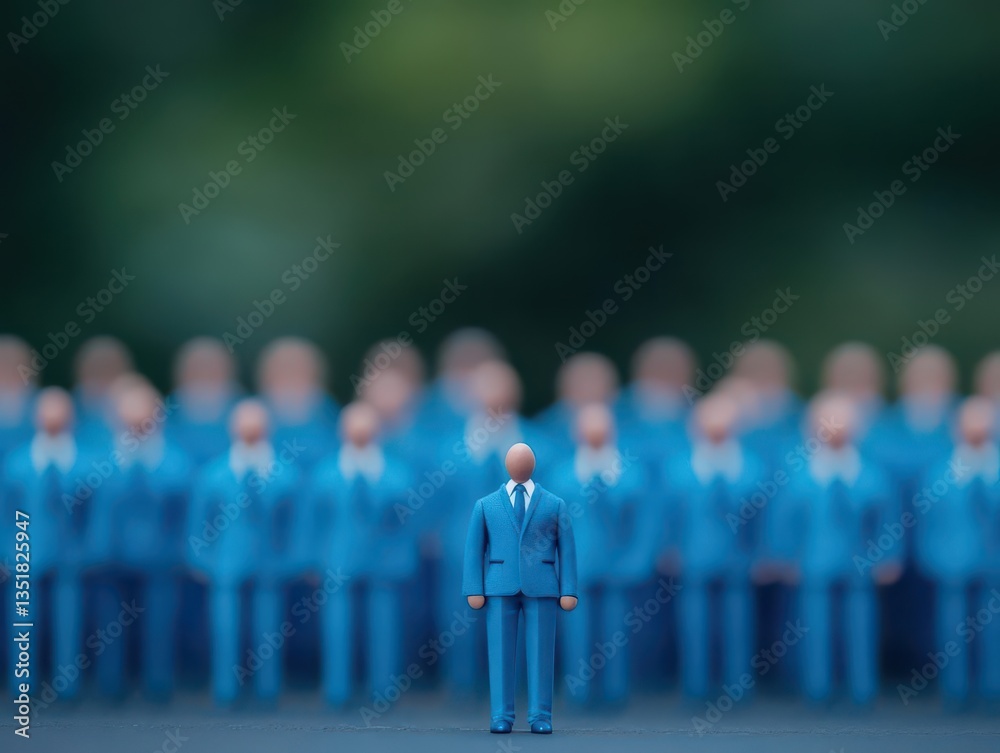 Poster A miniature man standing in front of a group of people in blue suits depicting corporate dynamics and interaction
