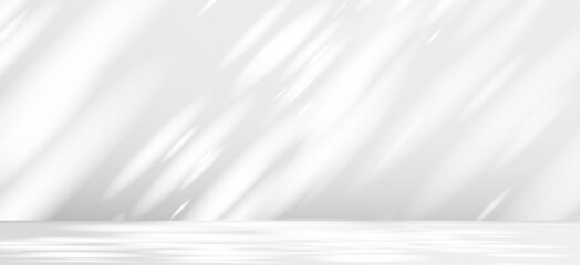 Glare from the sun's rays on the wall. Blurred shadows from leaves and plants in the room. Soft overlay of natural light. Abstract background for product presentation.Natural light layout.