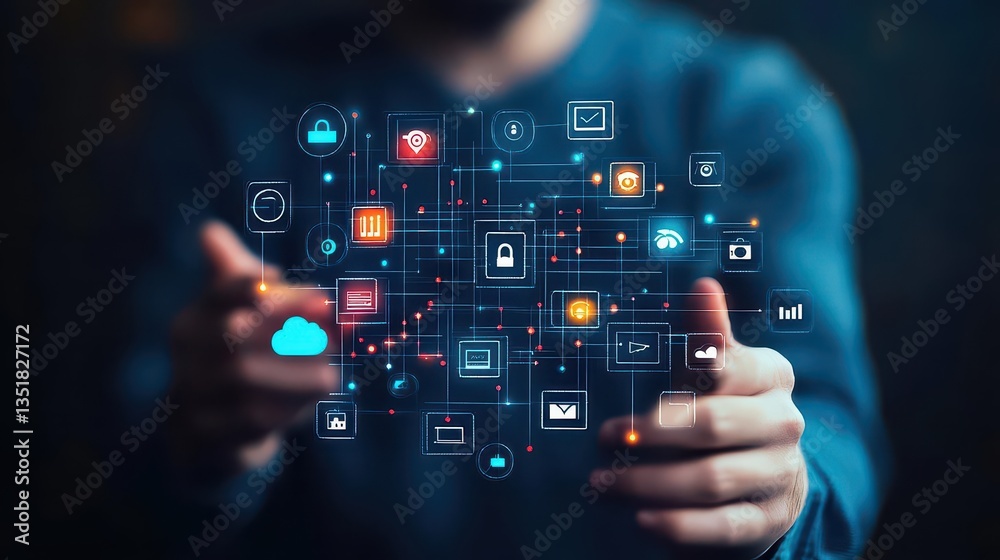 Aufkleber Person holding a smartphone displaying a graphic of a social network interface for connecting with friends online