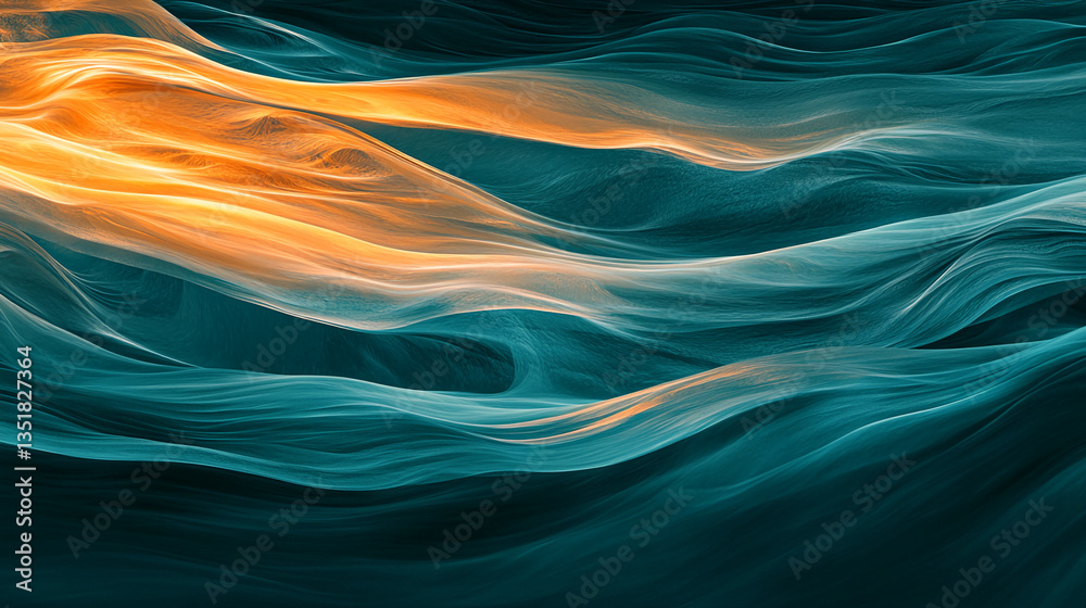 Poster Abstract image of flowing teal and orange waves, creating a dynamic and fluid visual effect, showcasing movement and energy, suitable for modern design