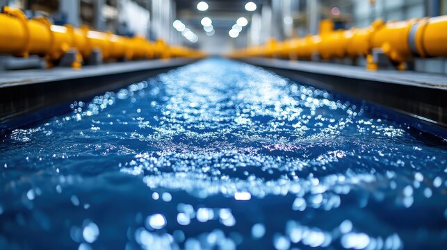 Industrial facility featuring a water channel with yellow pipes overhead