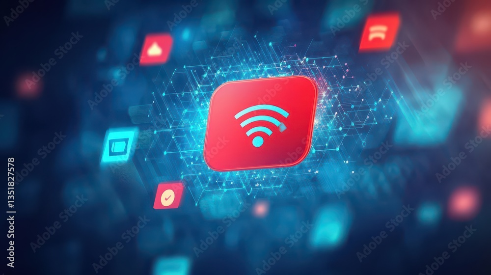 Aufkleber eye-catching red square icon featuring wireless connection symbol representing modern communication 