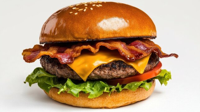 A hyper-realistic close-up side angle photograph reveals a mouthwate bacon cheeseburger with juicy patty, melted cheese, crisp lettuce, and perfectly cooked bacon on a toasted