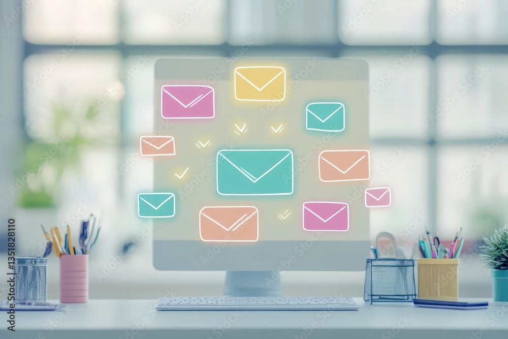 Poster Colorful envelope icon displayed on computer screen symbolizing positive email communication and digital correspondence