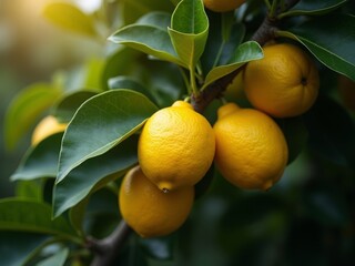 Bright yellow lemons hanging on a lush green tree branch in sunlight