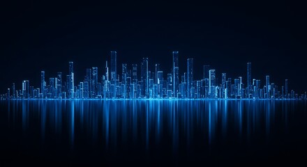 Futuristic Cityscape with Glowing Blue Buildings and Water Reflection