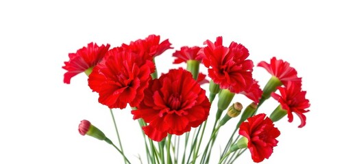 Obraz premium Vibrant red carnations, fully bloomed, isolated against pure white backdrop, anniversary, vivid, elegance