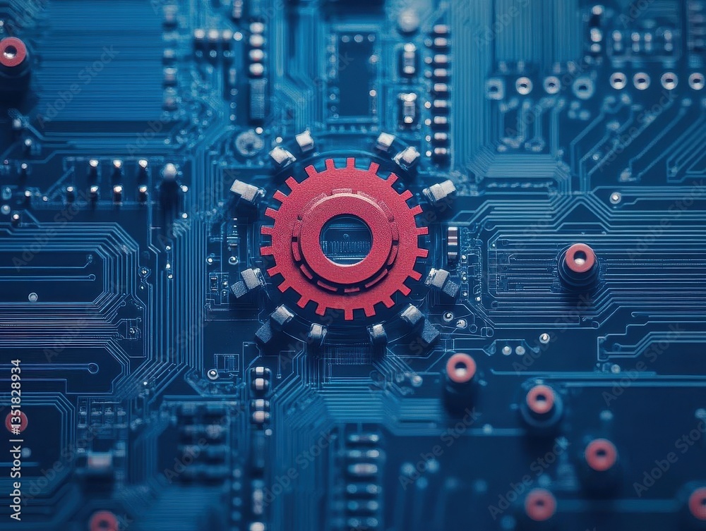 Poster Bright red gear wheel positioned on a complex circuit board representing technology and mechanical engineering