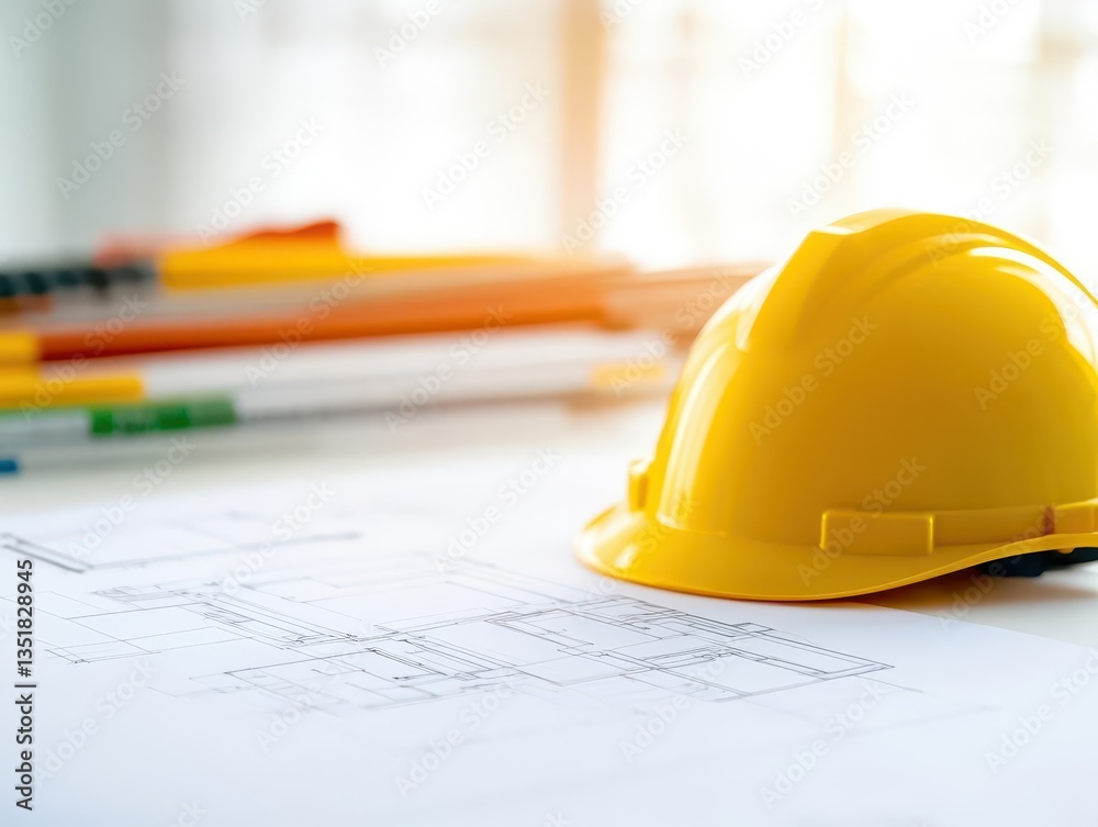 Poster construction engineer's hard hat and pencil on desk ready for architectural planning and project dev