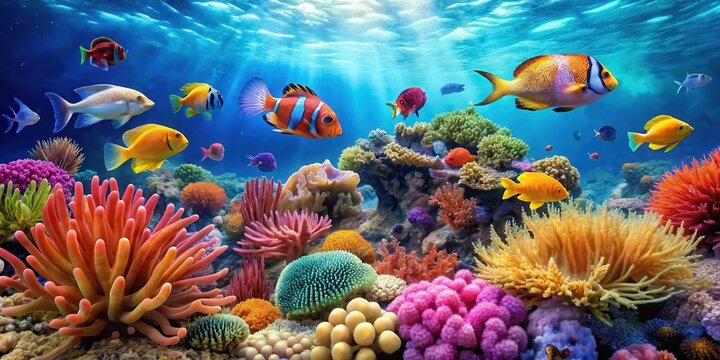 Vibrant coral reef teeming with tropical fish and colorful sea anemones, set against a crystal-clear turquoise blue ocean background, ocean, marine life
