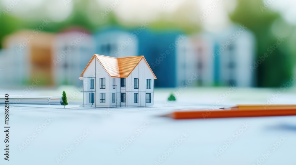 Poster detailed architectural blueprint featuring a house design alongside a pencil and a scale model for n