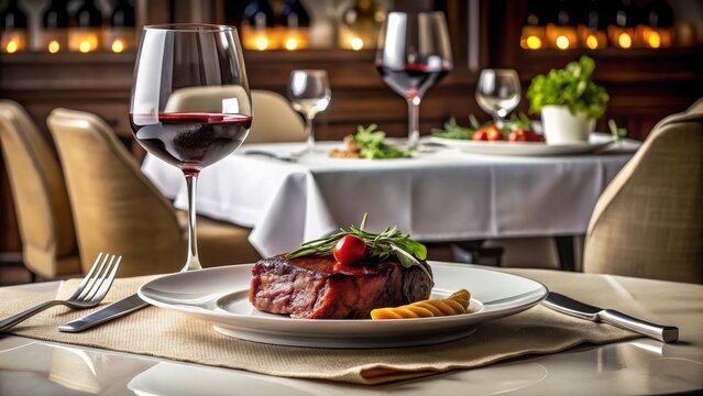 Elegant dinner for two on a fine dining table set with white linens and a red wine glass next to a perfectly cooked steak , dinner for two, table setting