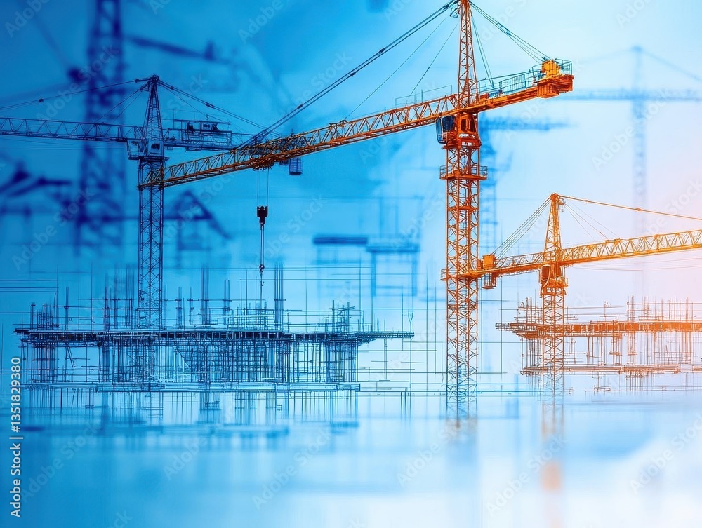 Aufkleber Array of construction cranes on a building site capturing the essence of urban development and architectural progress