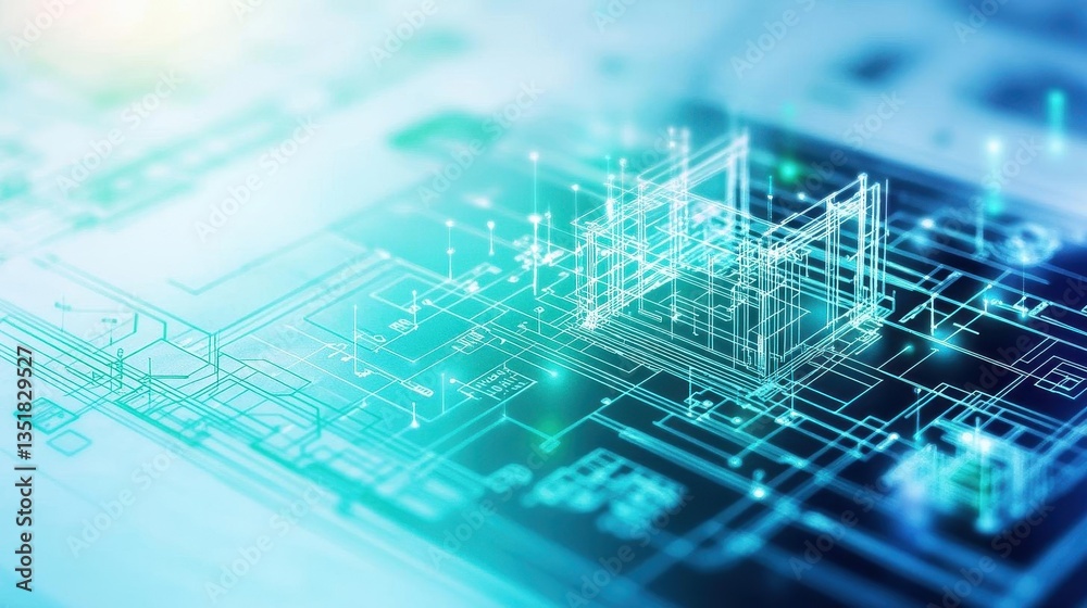 Fototapete Close-up of a circuit board on a striking blue background representing technological innovation in architecture