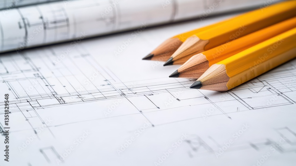 Poster close-up of pencils and detailed architectural blueprint for design and construction planning in the