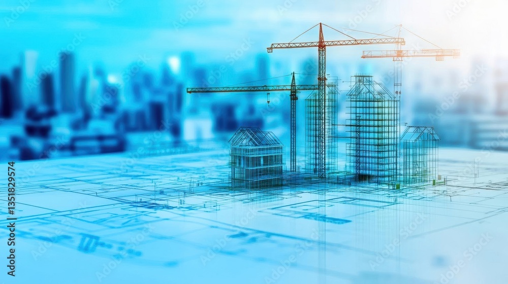 Poster Ongoing construction of a building highlighting architectural blueprints and engineering plans undergoing development