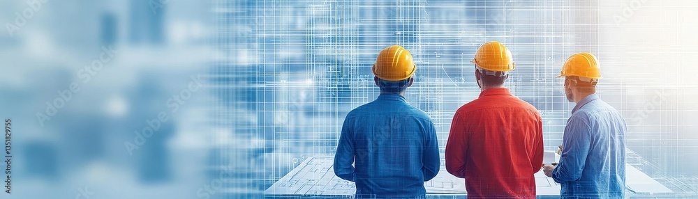 Poster Two men in hard hats analyzing blueprint plans for a building project in a construction environment