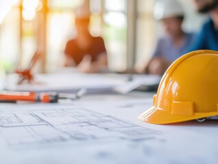 Bright yellow hard hat positioned on a detailed architectural blueprint illustrating construction and design plans