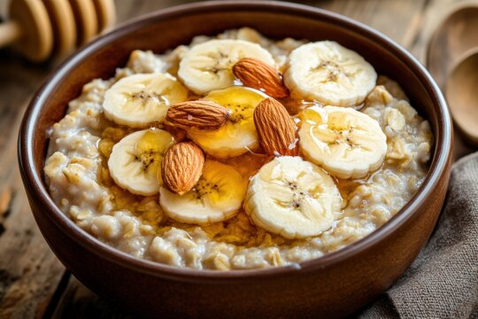 Delicious bowl of oatmeal with banana slices and honey drizzled on top Generative AI