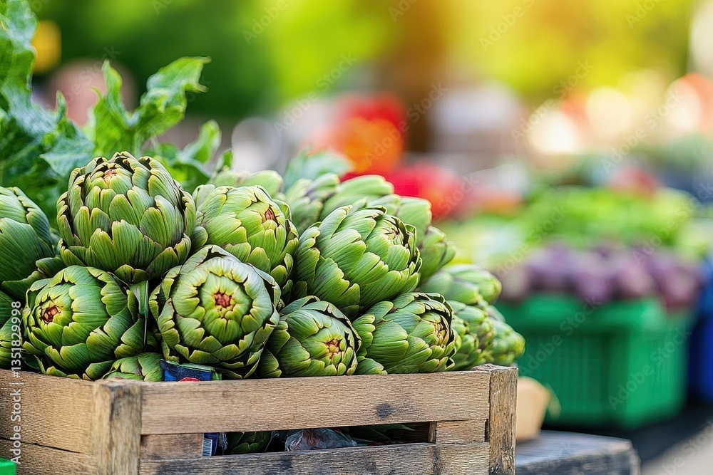 Poster fresh bunch of artichokes in wooden crate displaying healthy produce and natural food choices in rus