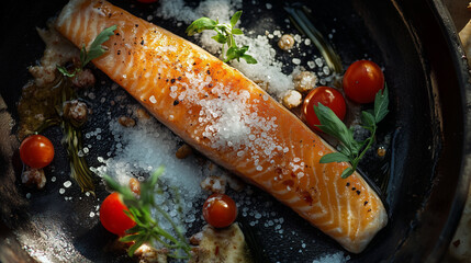 The glistening rainbow trout, laid out on a clean surface, was gently seasoned with kosher salt, its large crystals clinging to the fish's moist skin.
