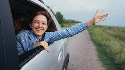 family girl car window, happy face woman smile, catching wind hand, adventure seeker woman, auto journey holidays, enjoying travel view, car laughter journey, van trip leisure, escape route happiness