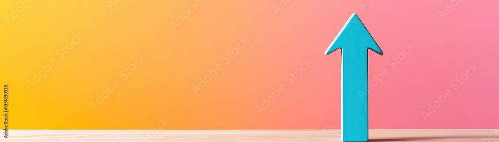 Poster vibrant blue arrow pointing upward against a pink and orange background creating a dynamic visual im