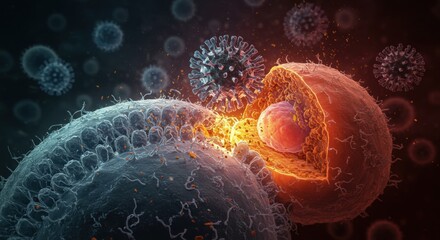 Detled illustration of virus interacting with a host cell 