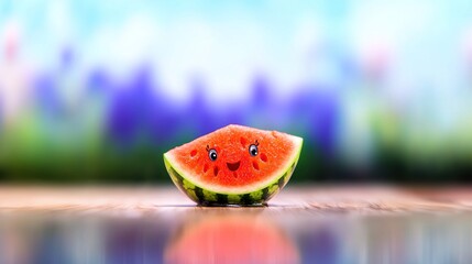 Happy watermelon slice on wooden surface