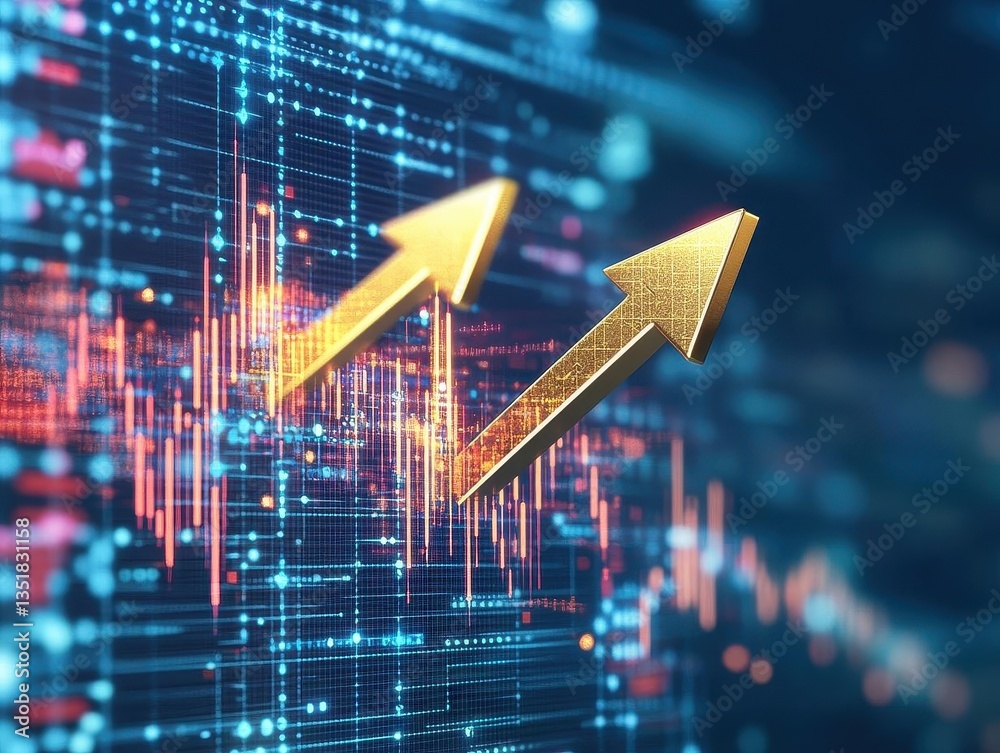 Poster golden arrow pointing upward on a futuristic digital background signifying growth, success, and prog