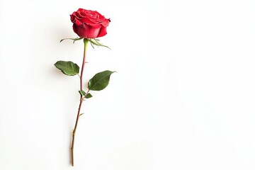 Fototapeta premium Long-stemmed red rose lying on white background