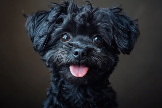 adorable black curly-haired dog with tongue out in studio lighting portrait