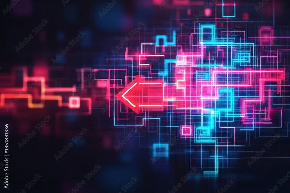 Poster Striking red arrow pointing towards a blue and pink abstract background creating an eye-catching visual contrast