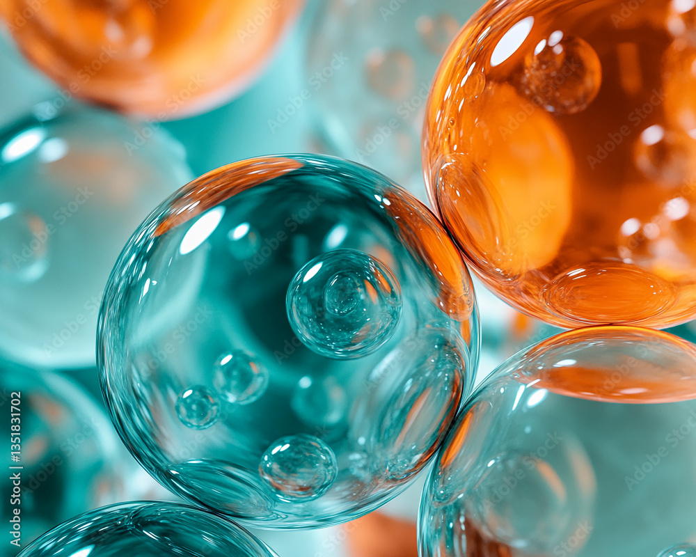 Poster Close-up of translucent teal and orange spheres with internal bubbles, creating a smooth, glossy texture.  Illustrates concepts of fluidity, science, or abstract beauty