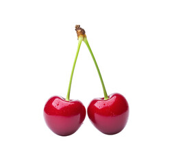 Two fresh red cherries with long green stems on Png Format and Transparent Background