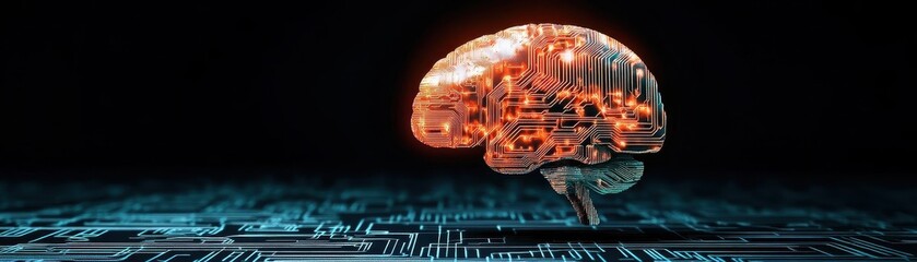 Artistic representation of brain integrated with circuitry symbolizing the intersection of neuroscience and technology