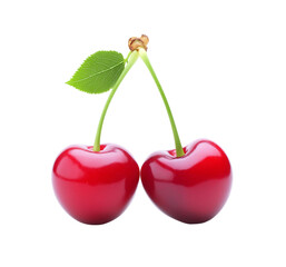 Two fresh red cherries with long green stems on Png Format and Transparent Background
