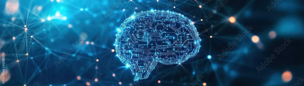 Poster human brain on a bright blue background representing intelligence and cognitive processes in a conte