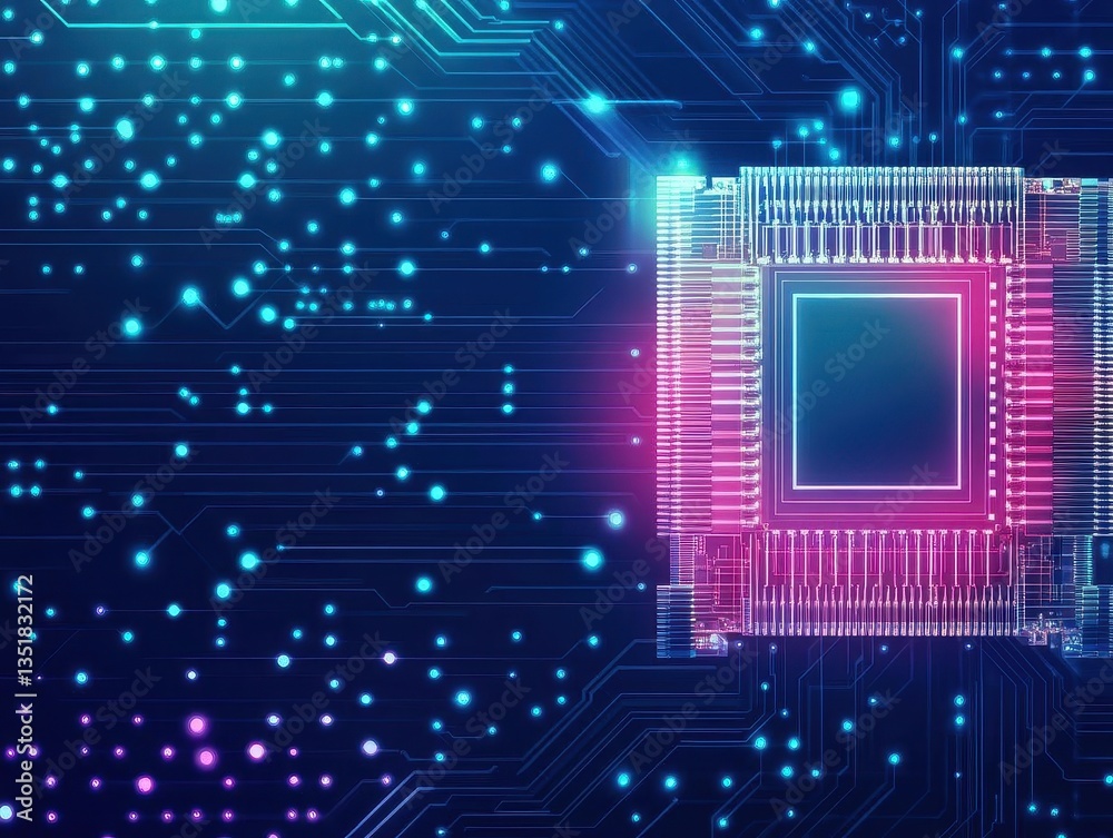 Poster Central processing unit chip embedded in a circuit board illustrating modern computing technology and electronics
