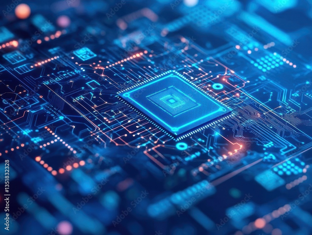 Poster High-tech circuit board illuminated by blue and red lights representing advanced artificial intelligence technology