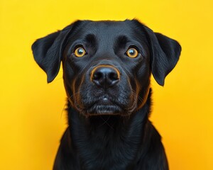 black dog portrait studio shot adorable curious pet on yellow background