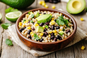 Delicious brown rice bowl topped with black beans corn and avocado Generative AI