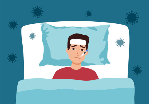 Seasonal allergy or flu concept. Young sick man lies in bed with thermometer in his mouth. Feeling unwell, having cold or high fever. Treatment of illness and rest. Cartoon flat vector illustration