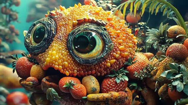 Colorful creature made of fruits and vegetables surrounded by a vibrant underwater garden